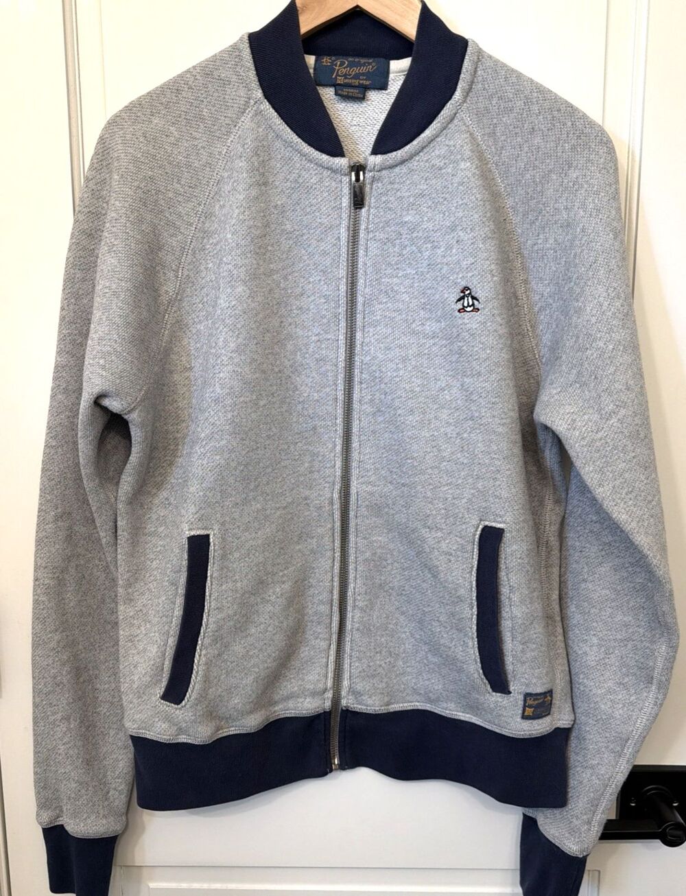 Original Penguin Bomber Jacket Gray Spell Out Men's M Preppy Urban Modern Cotton